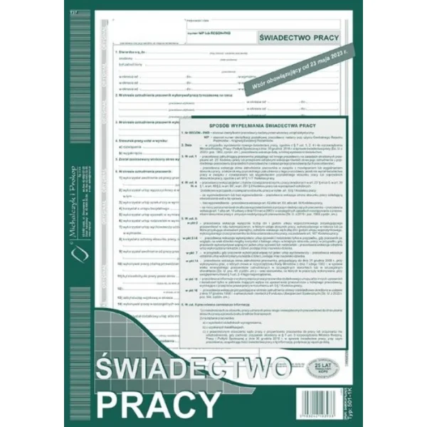 DRUK ŚWIADECTWO PRACY 501-1K