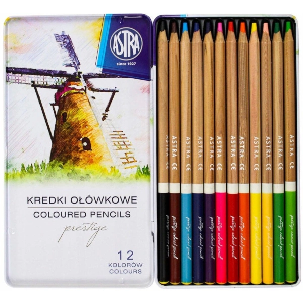 KREDKI OŁÓWKOWE PRESTIGE 12SZT W METALOWYM PUDEŁKU ASTRA