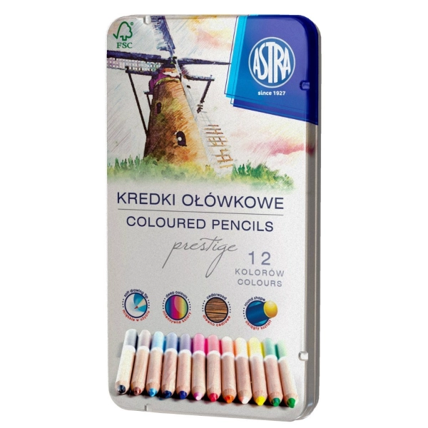 KREDKI OŁÓWKOWE PRESTIGE 12SZT W METALOWYM PUDEŁKU ASTRA