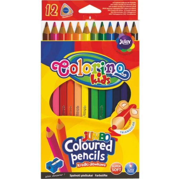 KREDKI OŁÓWKOWE TRÓJKĄTNE Z TEMPERÓWKĄ 12 KOLORÓW JUMBO COLORINO 5907690815530