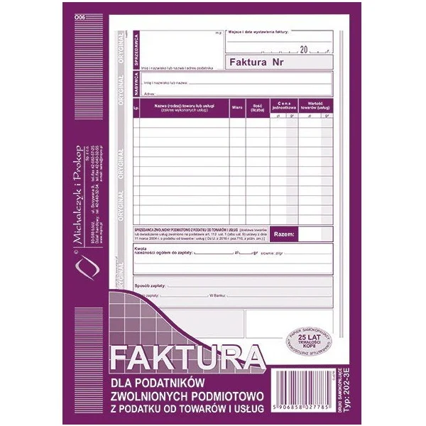 DRUK FV A5 DLA POD. ZWOLNIONCYH PODMIOTOWO Z PODATKU OD TOWARÓW I USŁUG TYP 202-3E 5906858027785