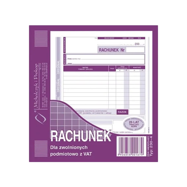 DRUK 230-4 RACHUNEK DLA ZWOLNIONYCH POD. Z VAT