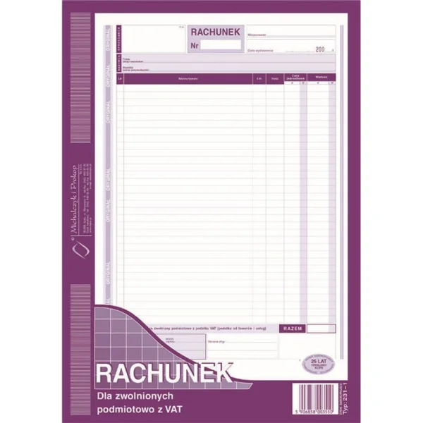 DRUK 231-1 RACHUNEK A4 DLA ZWOLNIONYCH Z VAT