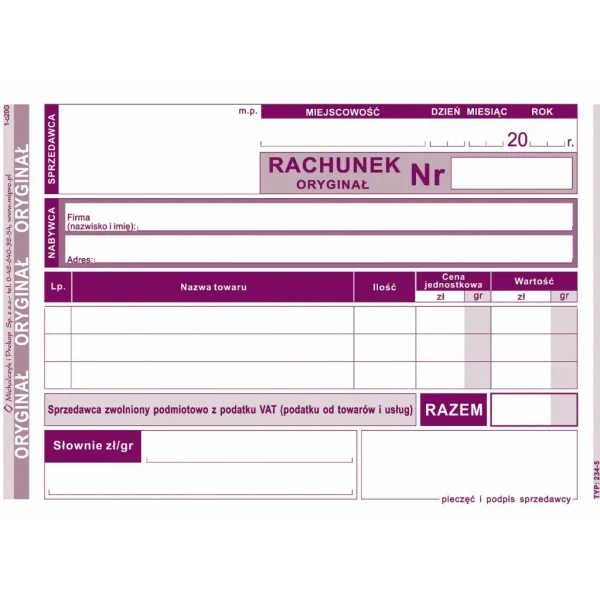 DRUK 234-5 RACHUNEK DLA ZWOLNIONYCH PODMIOTOWO Z VAT 5906858001938