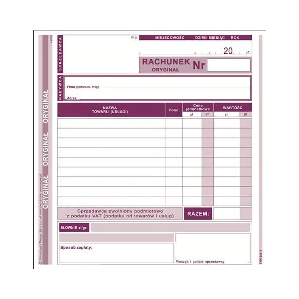 DRUK 230-4 RACHUNEK DLA ZWOLNIONYCH POD. Z VAT