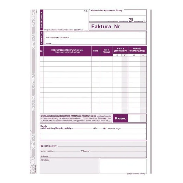 DRUK FV A5 DLA POD. ZWOLNIONCYH PODMIOTOWO Z PODATKU OD TOWARÓW I USŁUG TYP 202-3E 5906858027785