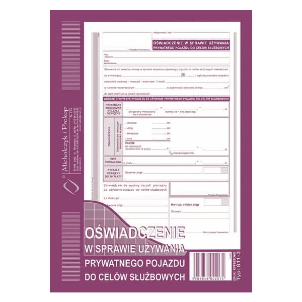 DRUK OŚWIADCZENIE W SPRAWIE UŻYWANIA PRYWATNEGO POJAZDU DO CELÓW SUŻBOWYCH 811-3