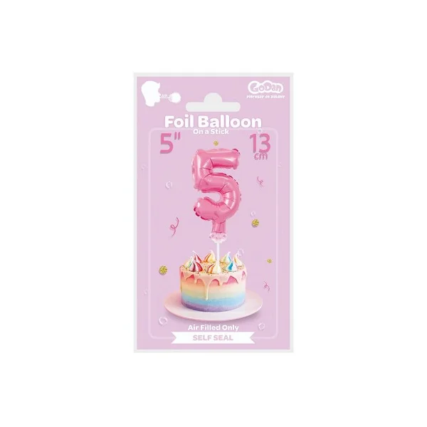 BALON FOLIOWY NA PATYCZKU 13CM GODAN CYFRA 5 RÓŻOWY