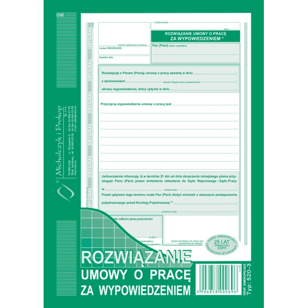 DRUK ROZWIĄZANIE UMOWY O PRACĘ BEZ WYPOWIEDZENIA 520-3