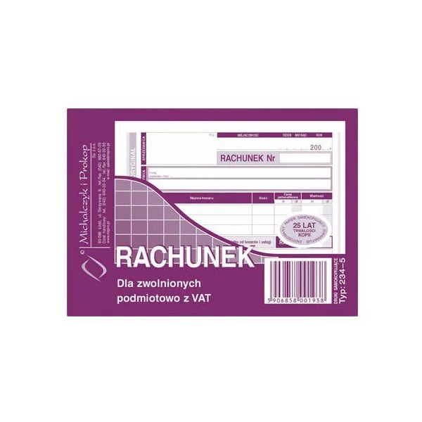 DRUK 234-5 RACHUNEK DLA ZWOLNIONYCH PODMIOTOWO Z VAT 5906858001938