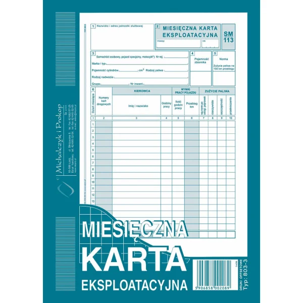 DRUK MIESIĘCZNA KARTA EKSPLOATACYJNA A5 803-3