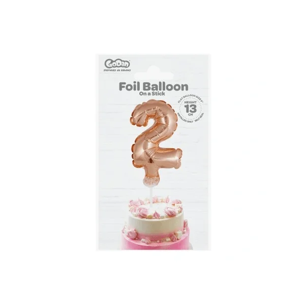 BALON FOLIOWY NA PATYCZKU 13CM GODAN CYFRA 2 RÓŻOWO ZŁOTY