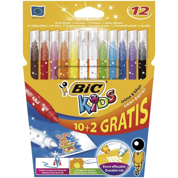 FLAMASTRY WYMAZYWALNE 12 KOLORÓW BIC KIDS MAGIC 3086123174085