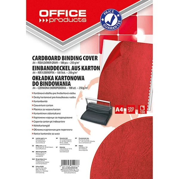 OKŁADKA DO BINDOWANIA KARTON CZERWONY A4 SKÓROPODOBNA 100SZT OFFICE PRODUCTS