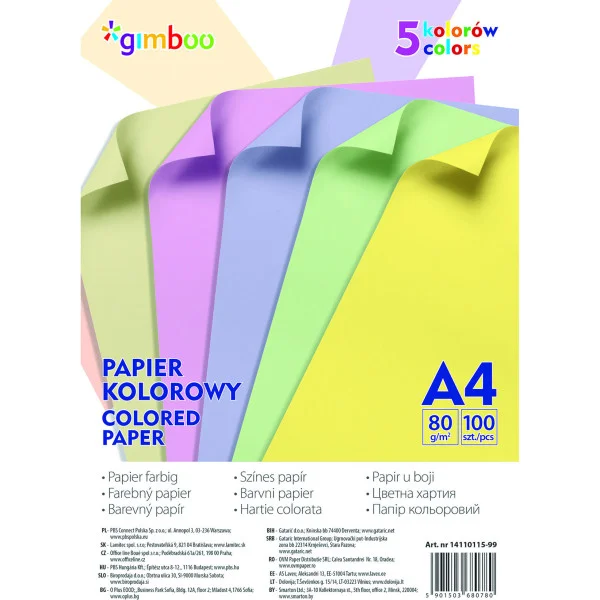 PAPIER KOLOROWY A4 100 5 KOL PASTEL GIMBOO