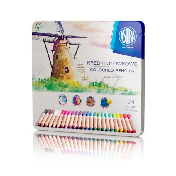 KREDKI OŁÓWKOWE PRESTIGE 24 KOLORY W METALOWYM PUDEŁKU ASTRA 5901137101934