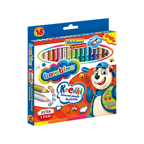 KREDKI W OPRAWIE DREWNIANEJ Z TEMPERÓWKĄ 18 SZTUK BAMBINO 5903235000348