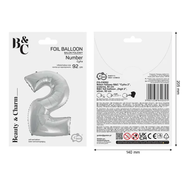 BALON FOLIOWY CYFRA 2 SREBRNA 92 CM GODAN