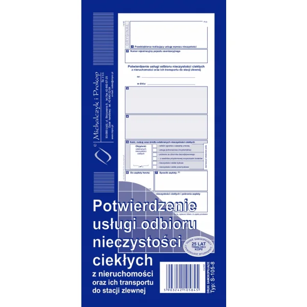 DRUK S-105-8 POTWIERDZENIE USŁUGI ODBIORU NIECZYSTOŚCI CIEKŁYCH ORAZ TRANSPORT DO STACJI ZLEWN.
